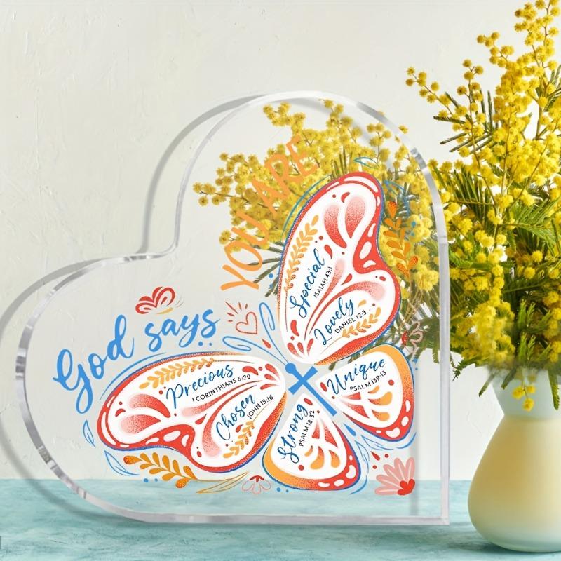 2D Flat, Christian Bible Verse Heart Acrylic Tabletop Decor Plaque, Butterfly Design, Home Decor Plaque Hanging Wall Art Decorative Garden Decoration