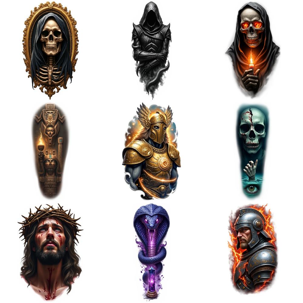 9pcs Temporary Tattoo Colorful Realism Robotic Suit Skull Sticker Pharaoh Mask For Shoulders Back Male