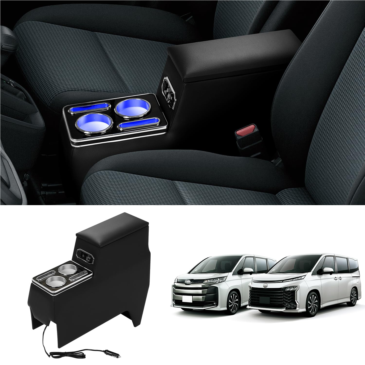 

Auto Spec Toyota New Voxy Noah 90 Series Специальный подлокотник-консоль Гибридный автомобиль Ящик для хранения с подстаканником Светодиодная подсветка USB-порт Предохранитель чёрный