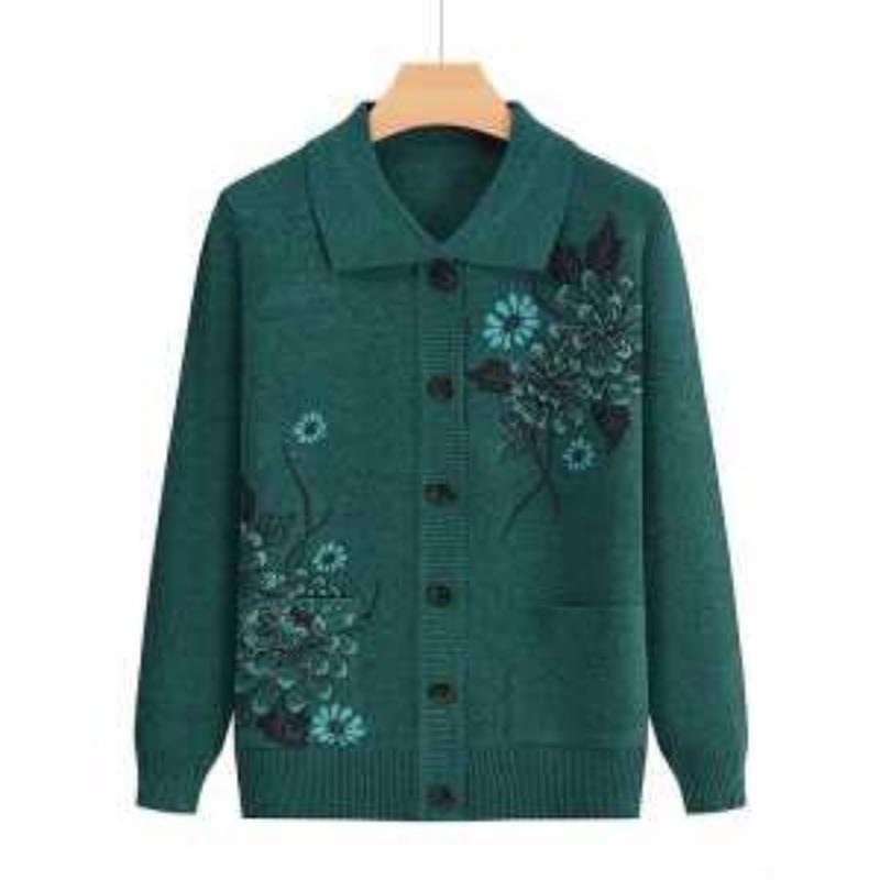 Jachetă tricotată nouă pentru femei, cu guler polo cusut, nasturi imprimați, la modă, largă, versatilă, casual, cu mâneci lungi