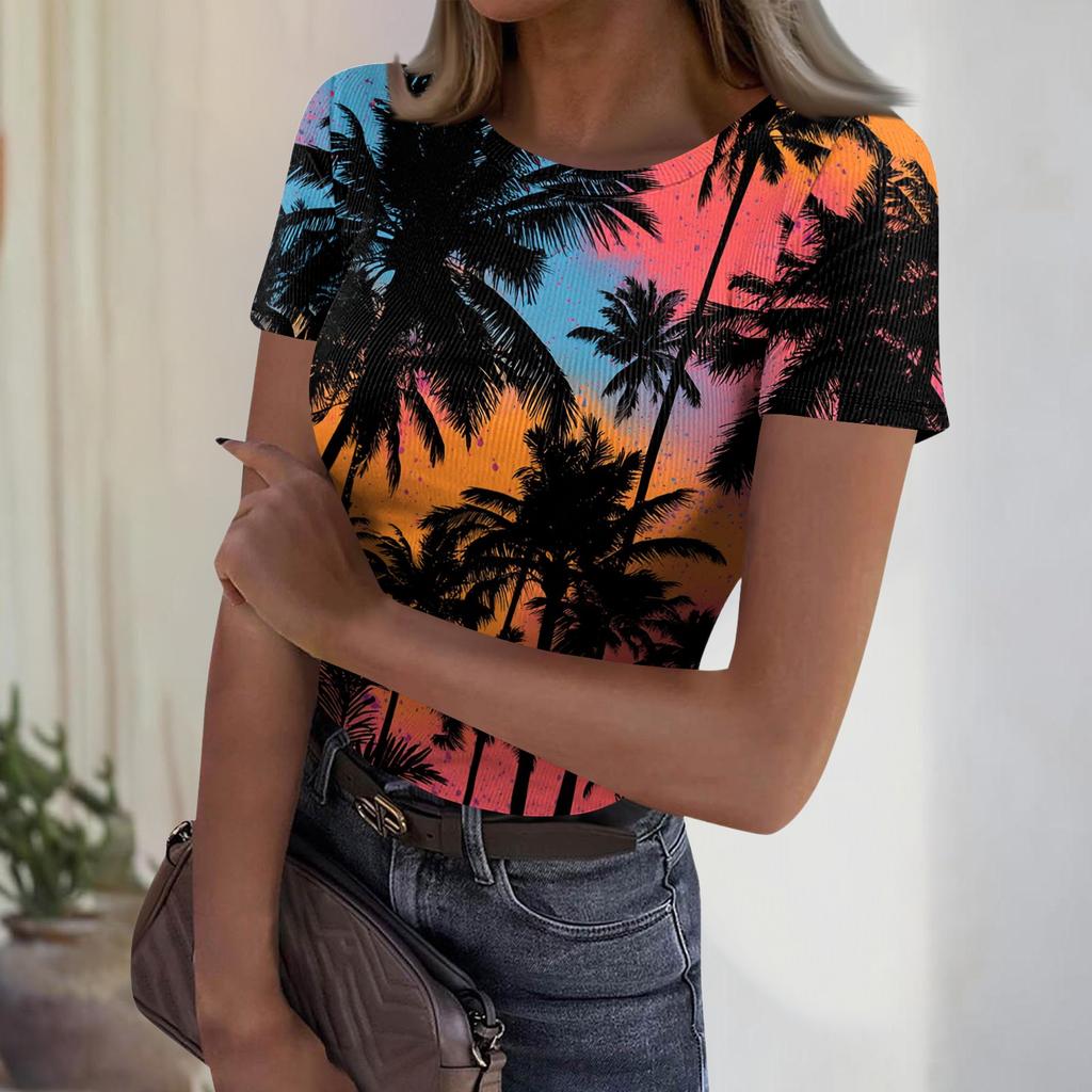 Women's Casual Fashion Round Neck Hawaiian Print Short Sleeve Ribbed Top