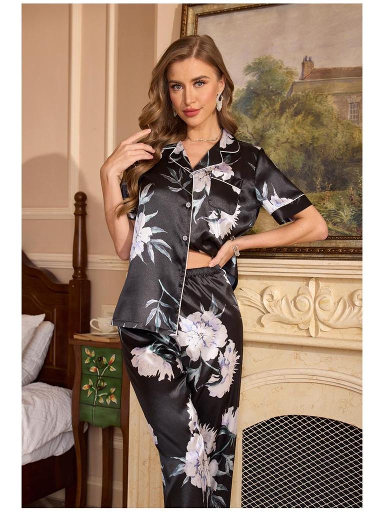 Yaoting Damen Sommer Pyjama Set - Kurzarm, Lange Hose, Modisches Revers, Druckdesign, Lässige Homewear TZ3431