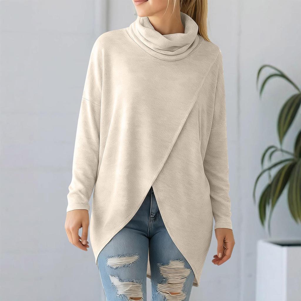 Top Pullover Casual da Donna a Collo Alto a Maniche Lunghe Lento con Orlo Spaccato Davanti, Top a Collo Alto per Autunno e Inverno