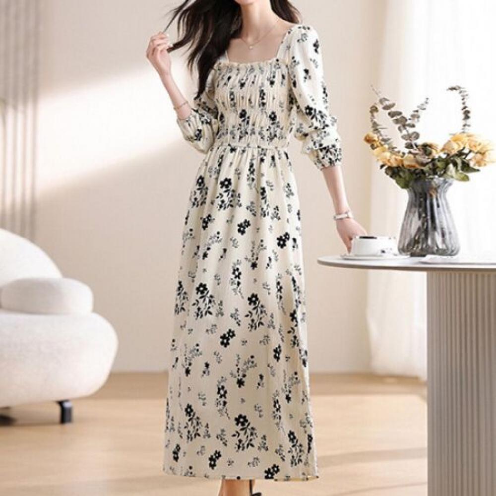 Navava Romantic Flower Shirring Square Neck Long Sleeve Dress No725