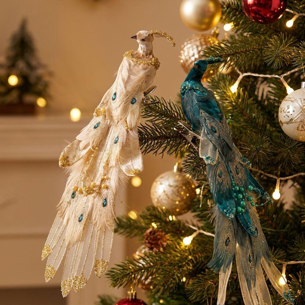 Feather Birds Christmas Peacock Ornaments Clip-On Faux Peacock Figurine  Home Party Decor