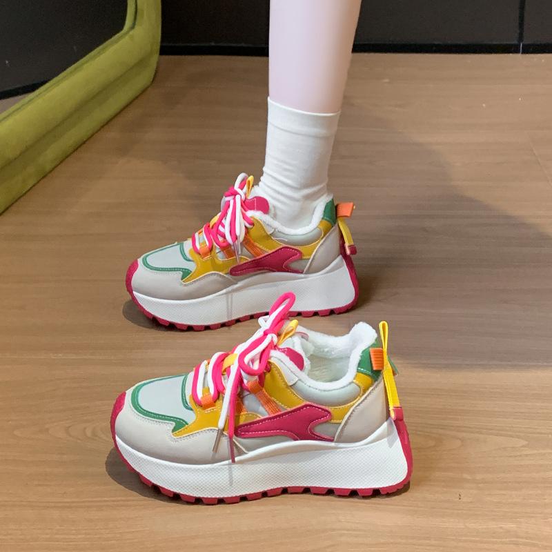 

New velvet dad shoes women s 2024 winter new heightening casual breathable thick sole color matching travel versatile shoes tide 35 розы красного