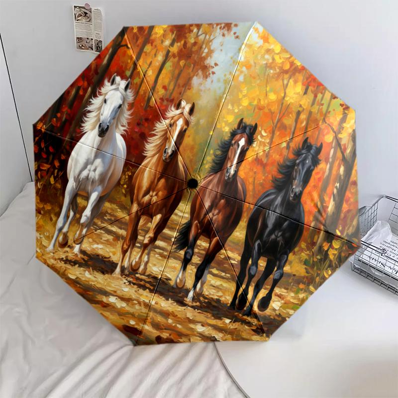 1 PC Automatic Folding Umbrella - Maple Leaves, Puppies, Horses, Kittens Pattern, Portable & Foldable Design with 8 Ribs, Christmas Birthday Gifts