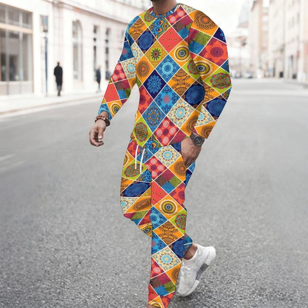 Men Black Blue Bohemian Mandala Partial Print Long Sleeve Sweatshirt Jogger Pants Two Piece Suit