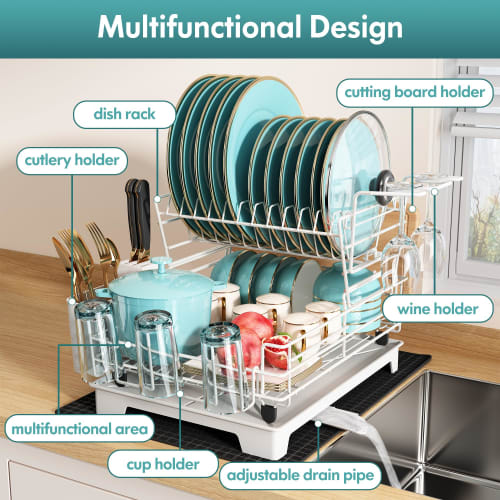 MAJALiS White Dish Drying Rack for Kitchen Counter, Stainless Steel 2-Tier Dish Drainer, Sink Drainer Board, Kitchen Organizer, Space-Saving