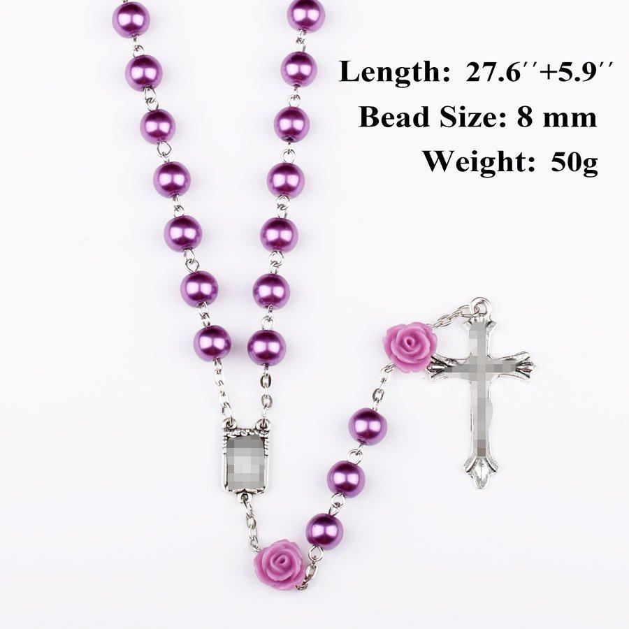 Charming Purple Color Rosary Necklace Women 8mm Round Glass Beaded Chain Cross Pendant Long Necklaces Praying Zircon Gifts