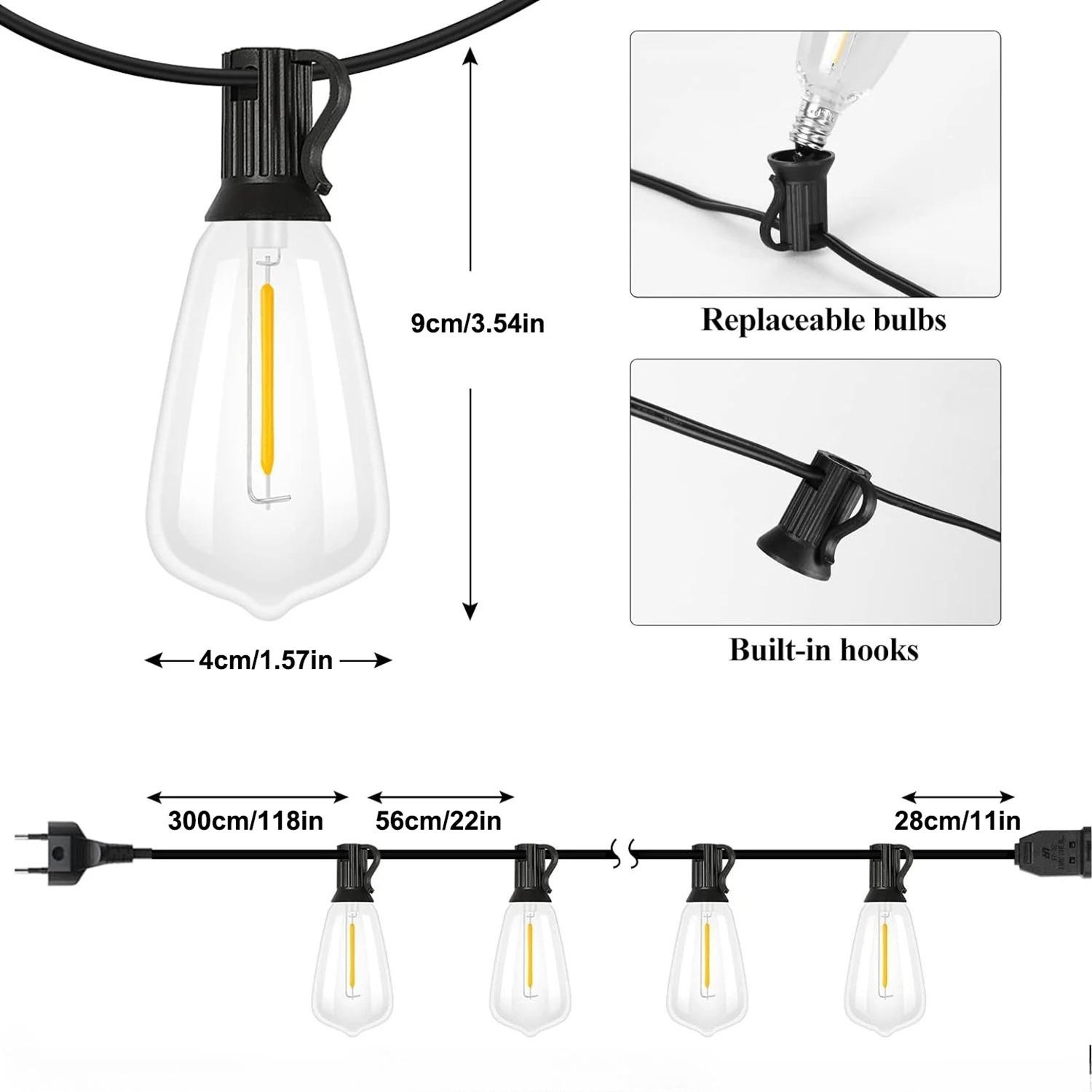 

60М/200ФТ Светодиодные уличные гирлянды для патио с 52 небьющимися винтажными лампами Эдисона ST38 Водонепроницаемый свет для веранды террасы EU Plug