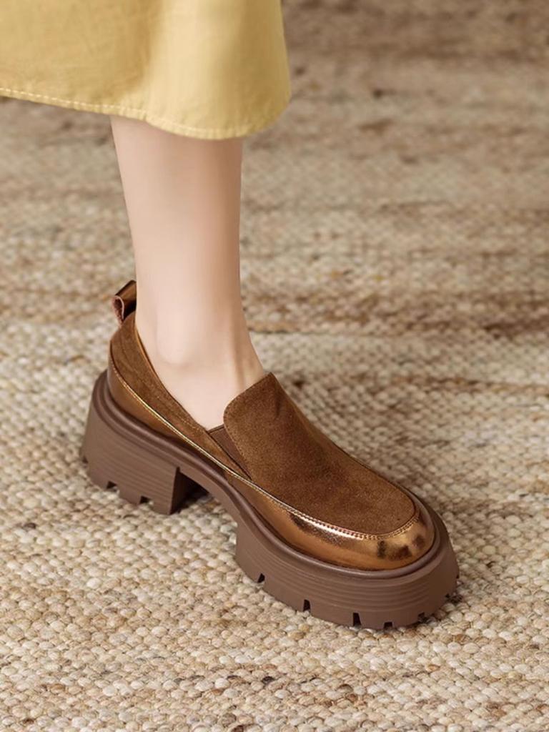 Women's Thick Heel Loafers 2025 Spring Autumn New Chunky Heel Leather Casual Loafers Hot Sale Fashion Round Toe Shoes