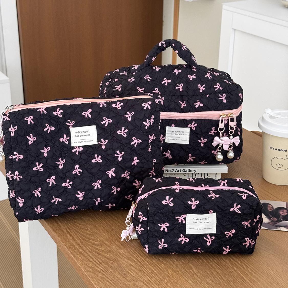 2025 Fashion Ins Pink Bow Quilted Cosmetic Bag Large Capacity Travel Makeup Storage Pouch Handbag Women Zipper Small Bag Small чёрный