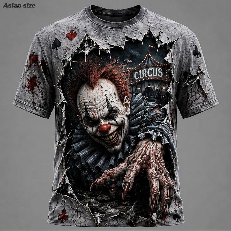 2026 Halloween Men's Optical Illusion Creepy Clown Vintage T Shirts Short Sleeve shirt 3D Print Crew Neck