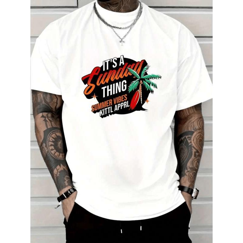 

European sizes White T Shirt Its A Sunday Thing Summer Vibes Palm Tree And Surfboard Graphic Print Casual Wear For Men Beach 4XL білий