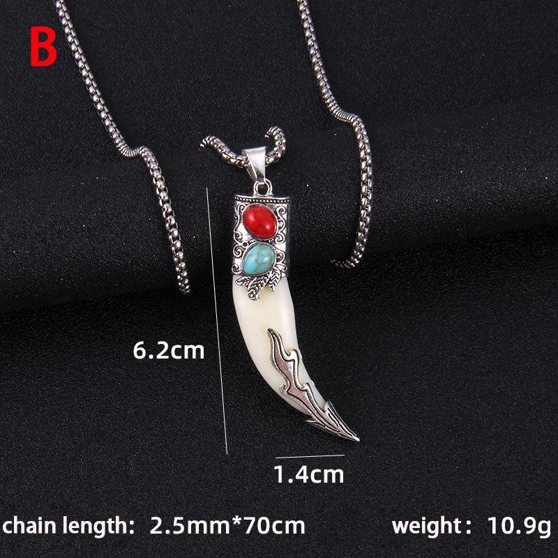 Turquoise, Wolftooth, Stainless Steel Necklace Retro Red Coral Inlaid Pendant Ornaments Accesssories for Women