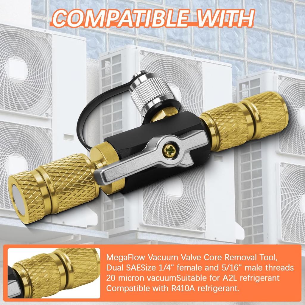 HVAC Valve Core Removal Tool,Valve Core Remover Taller Tool,1/4"& 5/16" Dual Valve Mega Flow Vacuum-Rated Valve Core Removal Tool,20 Microns