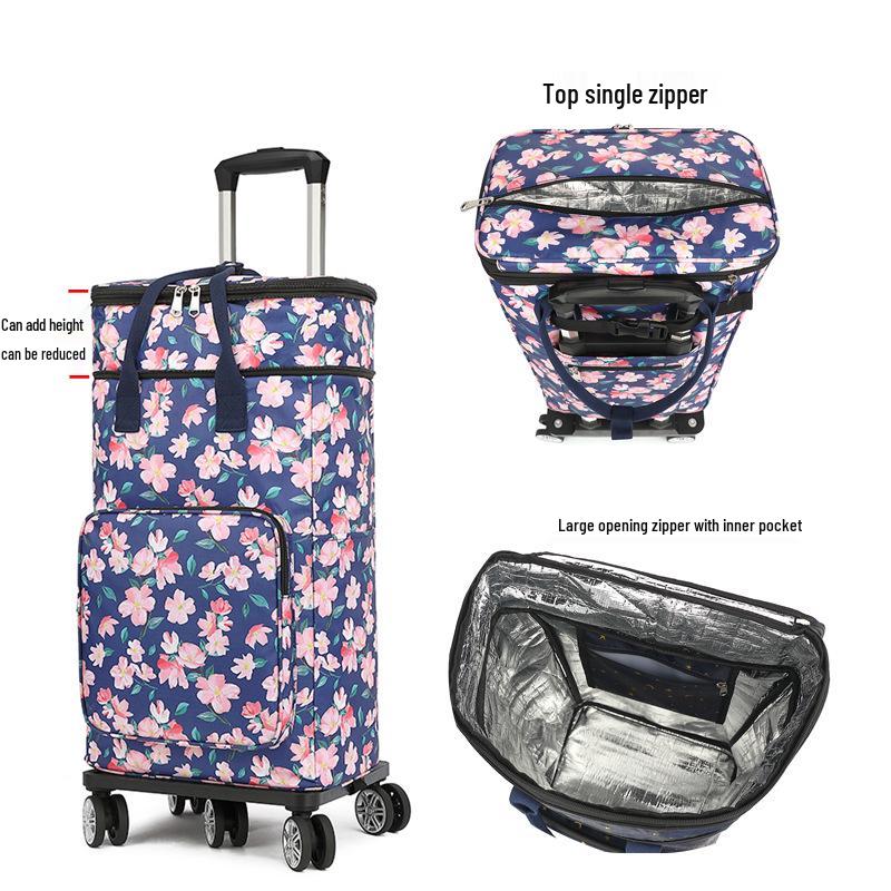 Portable Small Trolley Cart with Universal Wheels and Insulated Shopping Bag