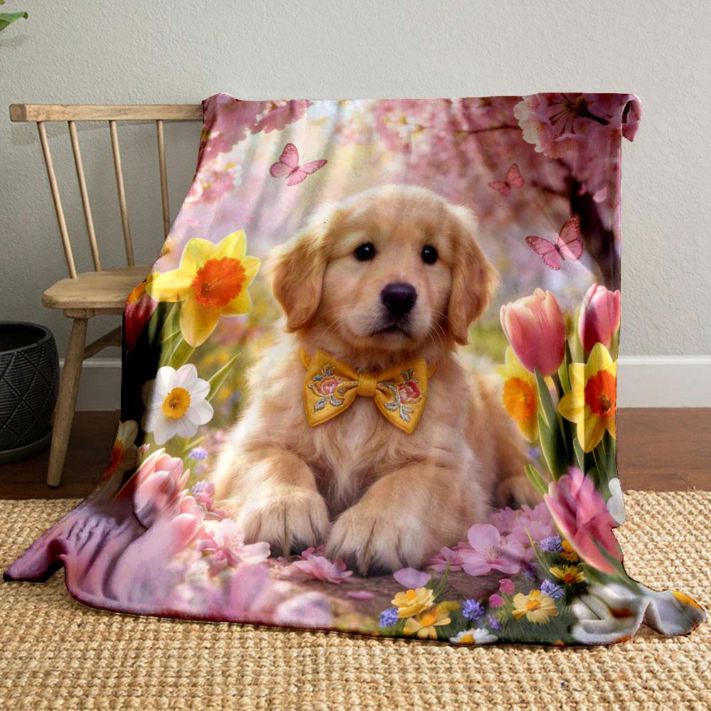 1PC The Puppy in The Flower Bushes Print Warm Comfortable Blanket Home Travel Camping for Adults and Kids Luxury Gifts