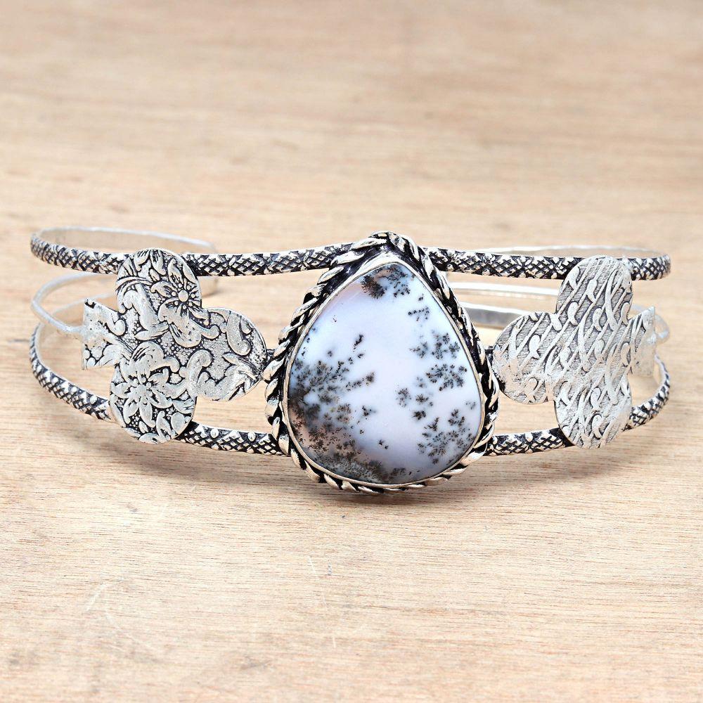 Dendritic Opal Gemstone Handmade Silver Jewelry Cuff Bracelets 7''Adjustable