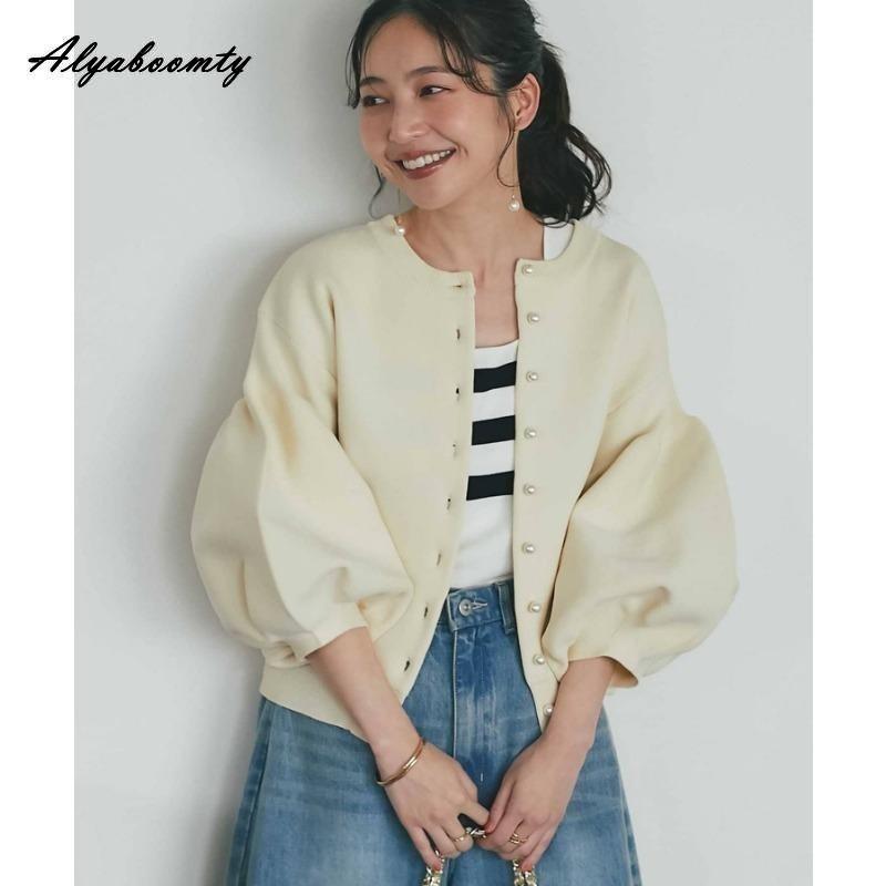 Korean Ulzzang Autumn Winter Women Sweater Blue Pink Black Apricot Knitting Cardigan Knitted Lantern Sleeve Stylish Outerwear