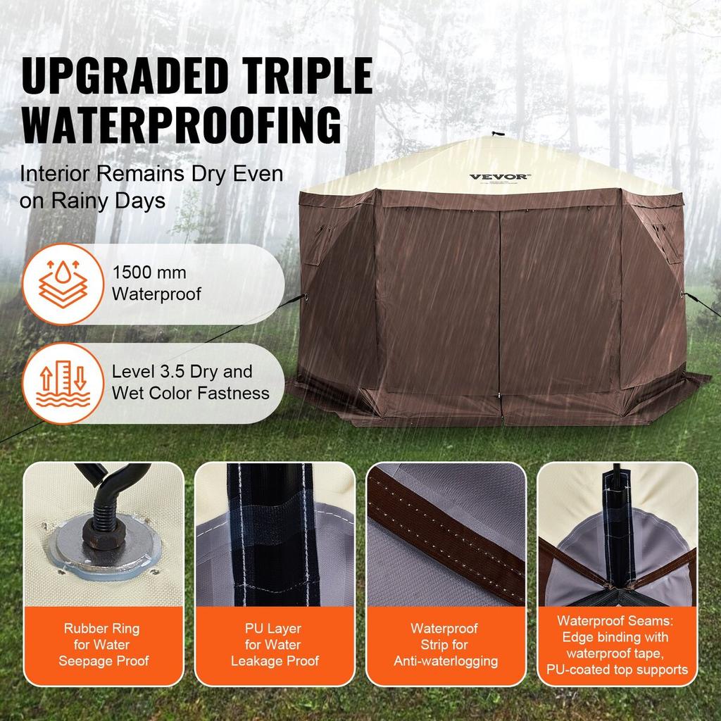 Pop Up Gazebo Tent Pop-Up Screen Tent 6 Sided Canopy Sun Shelter Brown