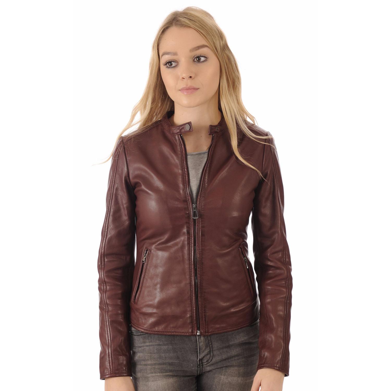 

SKINOUTFIT Women s Genuine Lambskin Real Leather Soft Burgundy Jacket Moto Biker Jacket XXXL бордовий