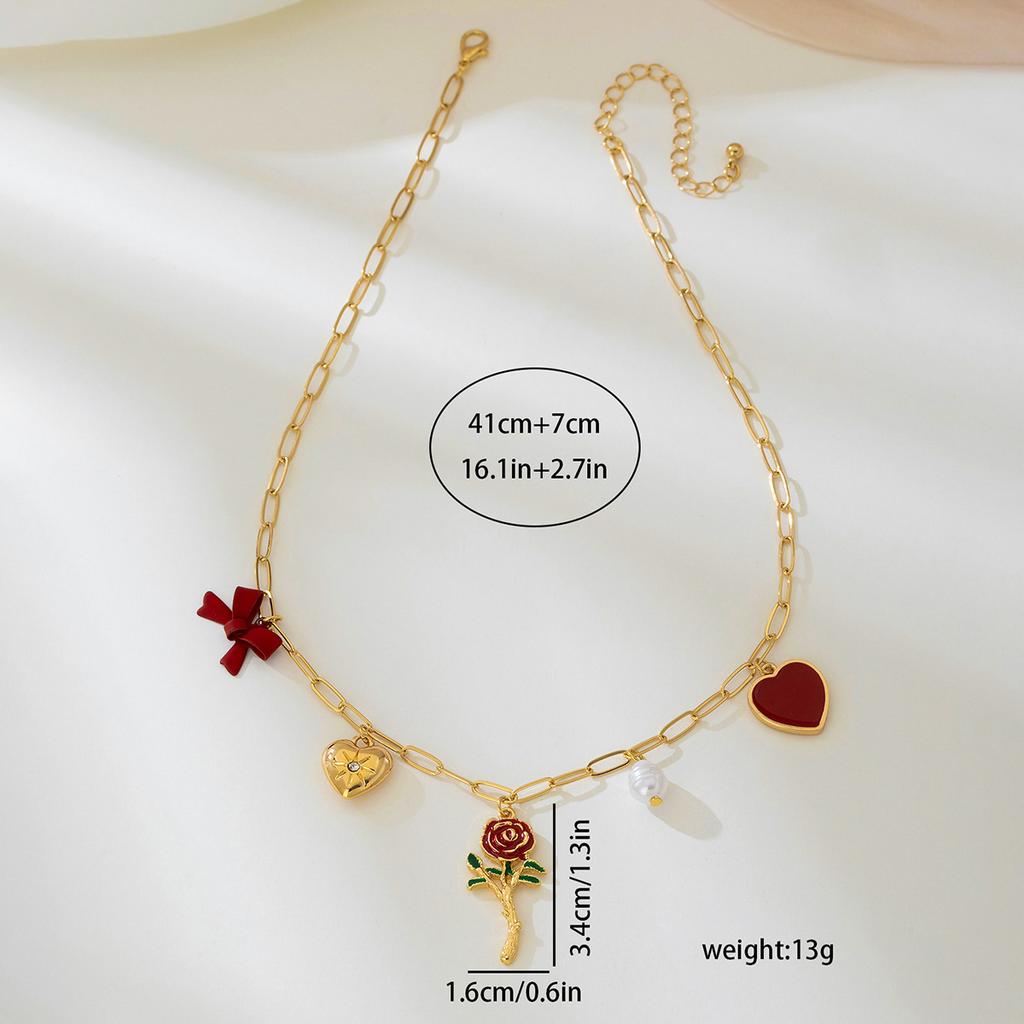 Fashion Red heart imitation pearl bow Necklace For Women Ladies