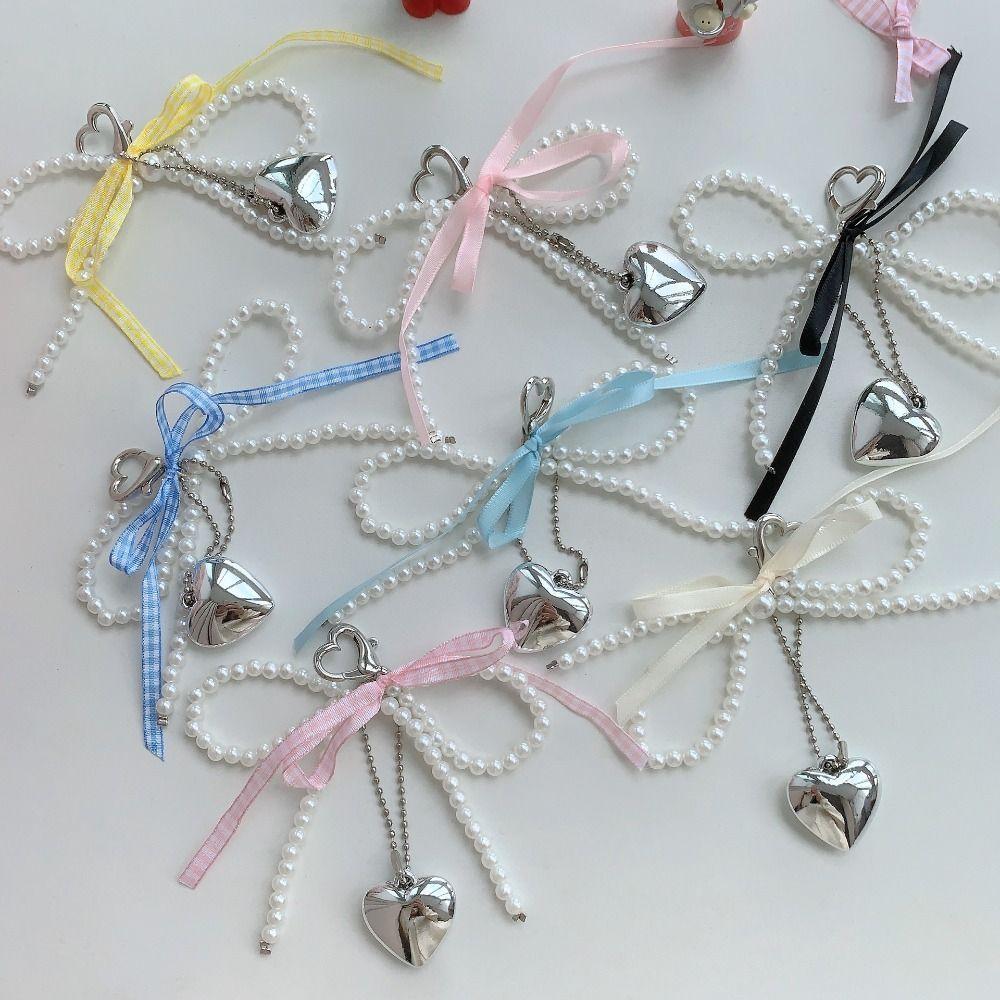 Heart Bow Phone Chain Imitation Pearl Heart Pendant Keyring Simple Bow Bag Pendant  Lady