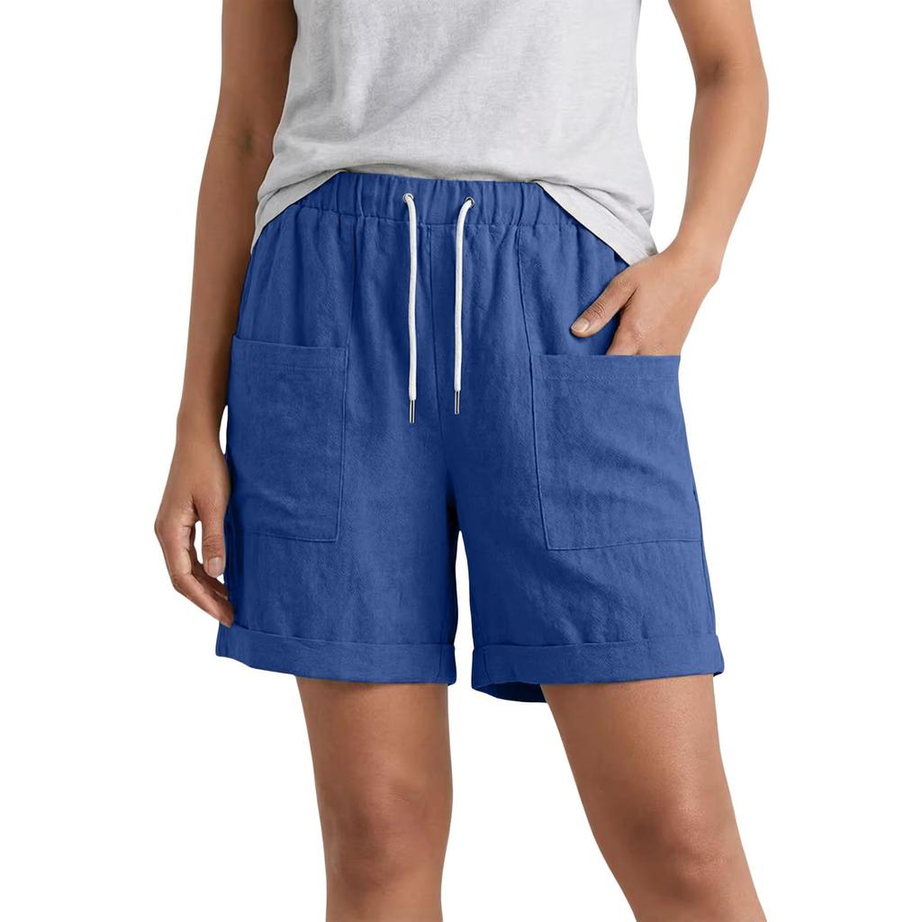 Women’s Linen Casual Shorts with Elastic Waistband Drawstring Adjustable Fit and Large Front Pockets for Everyday Wear