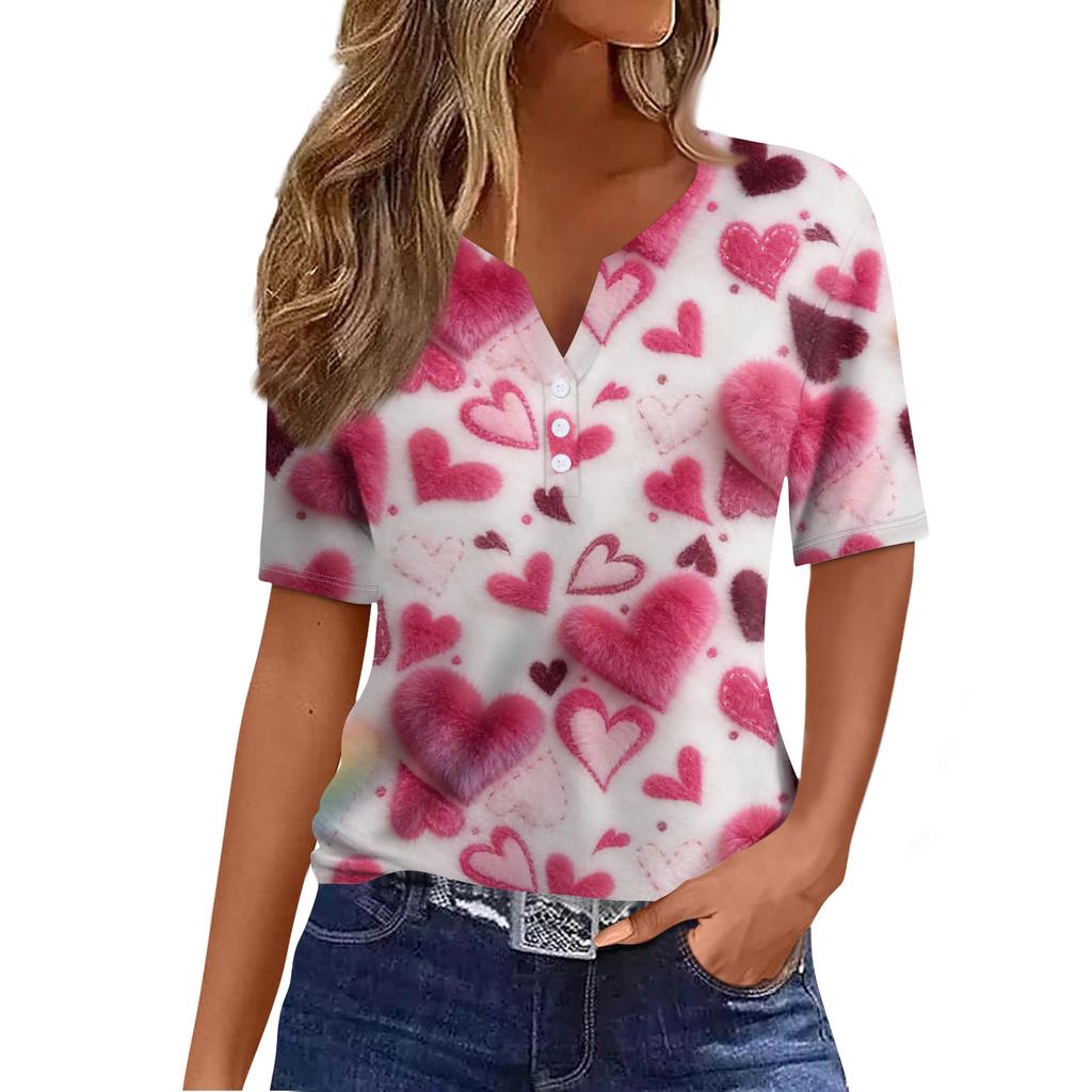 Women's Fashion Casual V,Neck Short,Sleeve T,Shirt With Decorative Buttons And Valentine's Day Print Top
