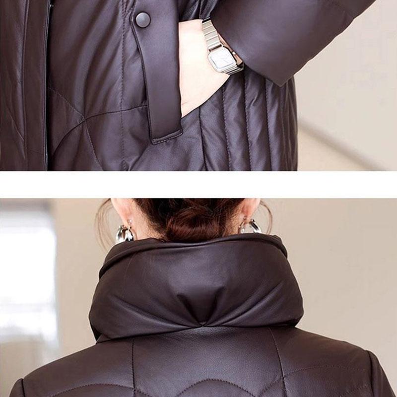 Winter Women's Genuine Leather Jacket Over-the-Knee Long Sheepskin Padded Coat Thickened Windproof Warm Camel Wool Coat
