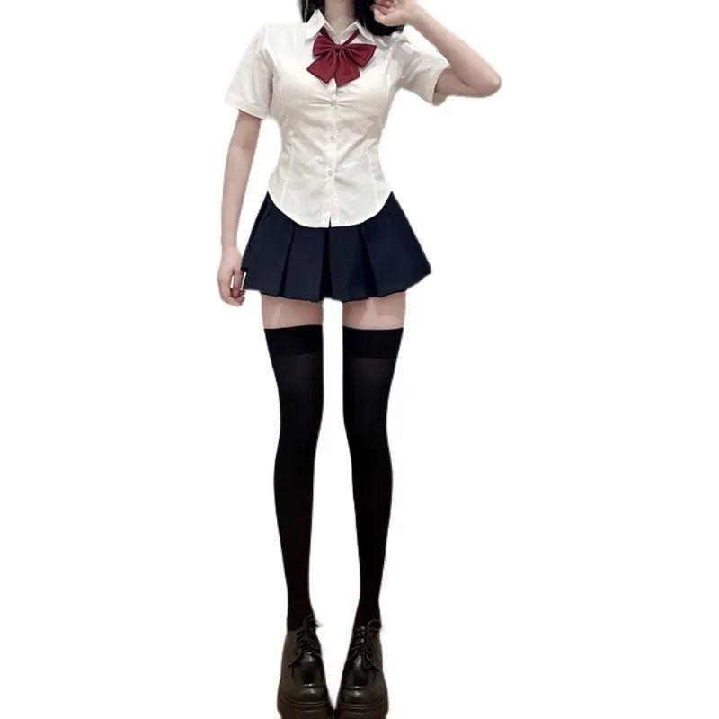 JK Taillenbetonendes Plissee-Rock-Set: Kurzärmeliger Sommer Schlankmachender College-Stil