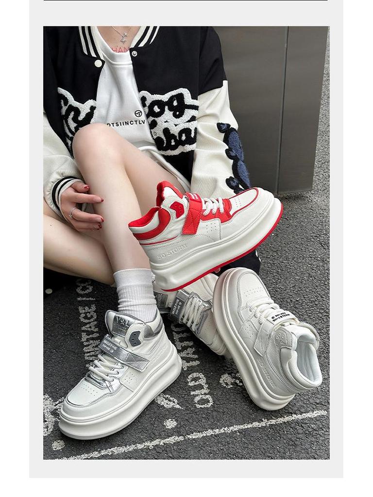 Women's High-Top Genuine Leather Velcro Sneakers with Thick Soles - Height-Enhancing Casual Sports Shoes for Spring & Autumn 2025