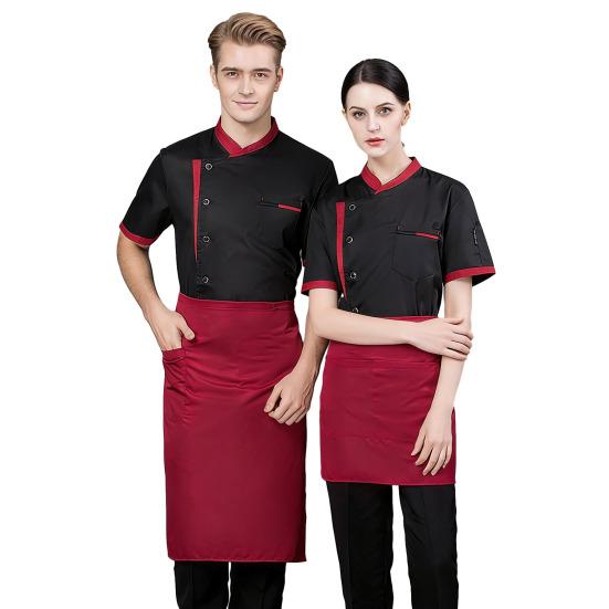 Chef Uniform Chinese Stand-Up Collar Short Sleeve Unisex Chef Tops with Practical Button Closure Color Matching Functional Pocket Restaurant Kitchen