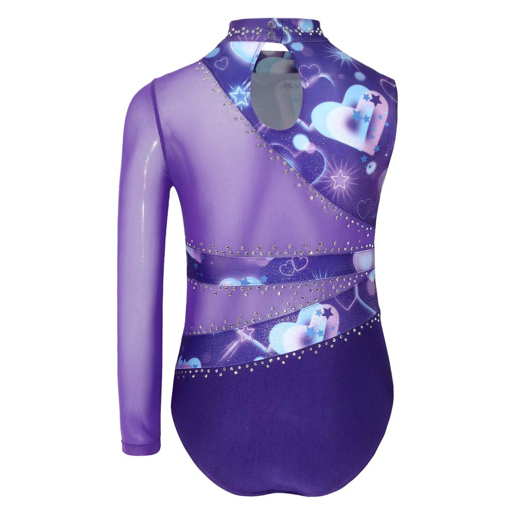 Girls Gymnastic Leotard Sparkly Rhinestones Patchwork Asymmetric Sleeve Design Back Hole Out Crotch Press Buttons Dance Unitard Competition Bodysuit