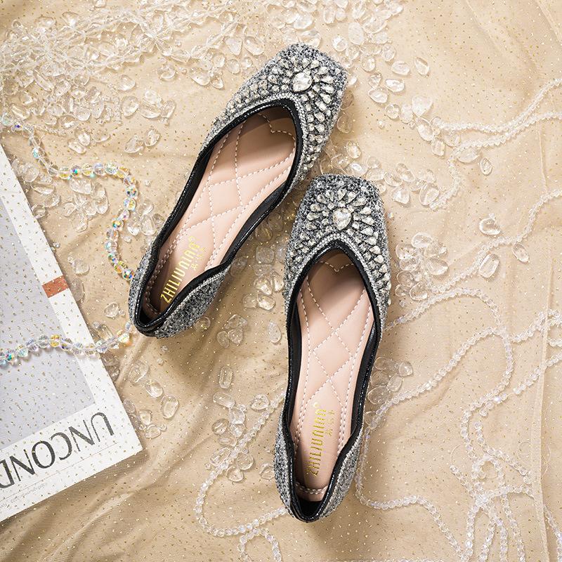 

Женские летние туфли-лодочки с полными стразами, летние новые блестящие туфли на плоской подошве с квадратным носком, женская модная обувь, универсальные 43