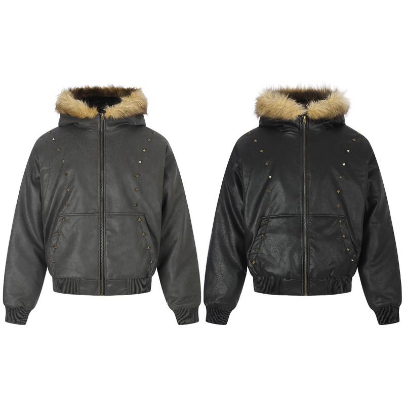 Magic Bear Vintage Faux Fur Collar Padded Biker Jacket Loose Fit Winter Coat Teens