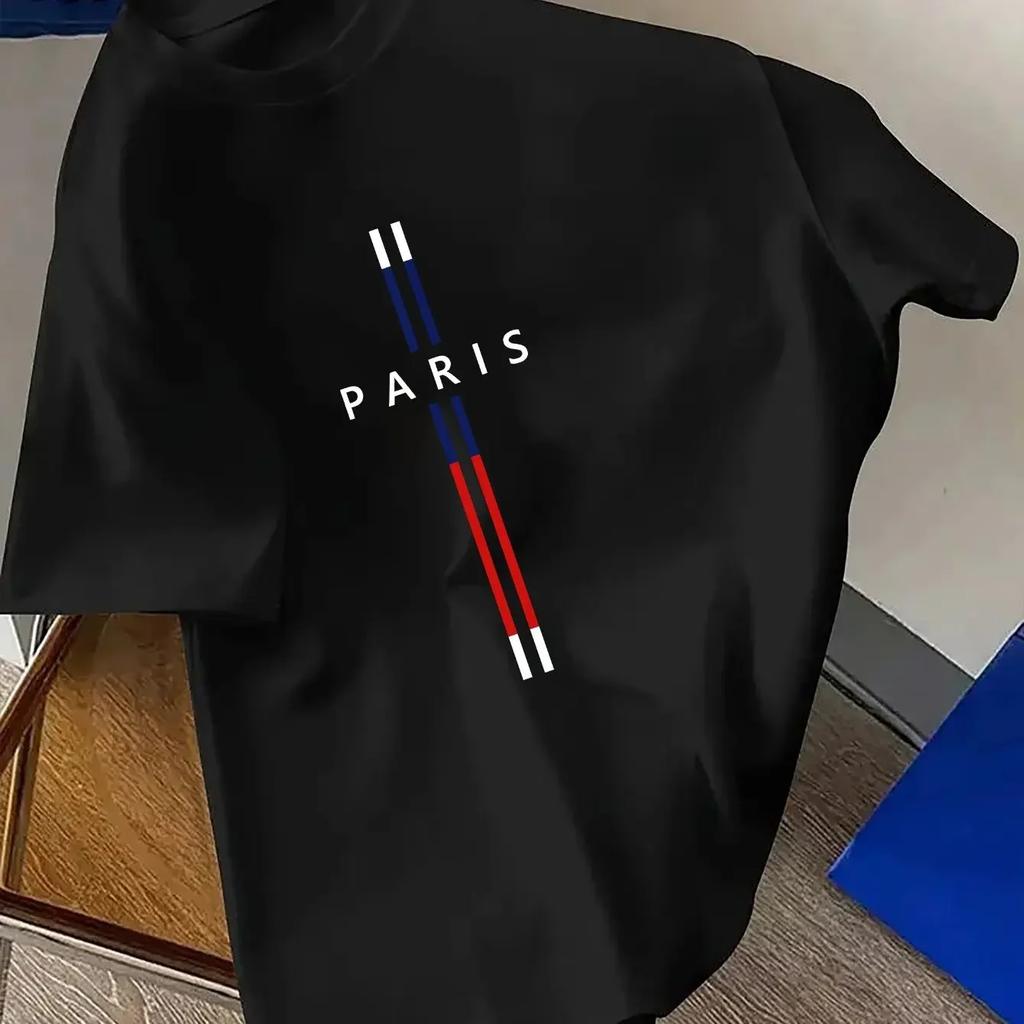 Summer men's 100% cotton casual, fashionable and loose Parisian English letter printed short-sleeved top