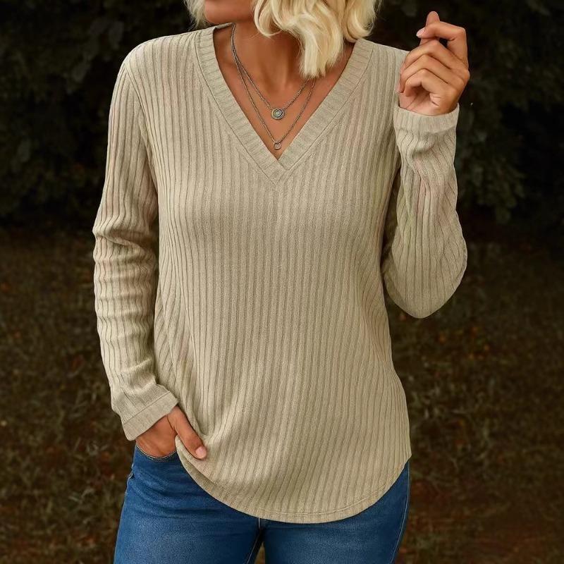 2025 New Autumn and Winter Women's Casual V-neck Long-sleeved Pullover Loose Women's T-shirt