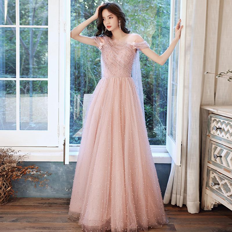 Pink Pearl Evening Dress Women's Summer New Temperament Socialite Birthday Catwalk Fairy Long Banquet Dress