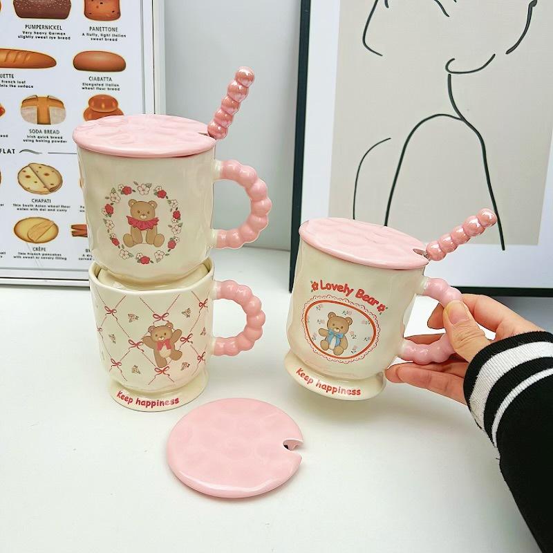 Cute High Value Cartoon Bear Mug with Lid Spoon Ceramic Water Cup for Girls Practical Birthday Gift for Friends