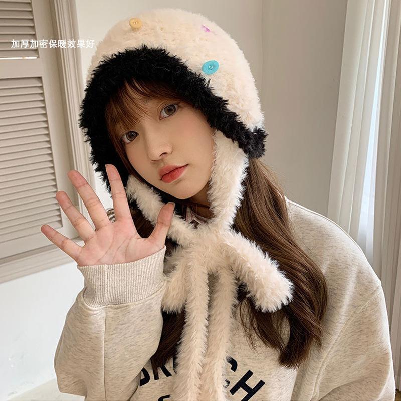 

Универсальная плюшевая шапка-бини с пуговицей, женская, модная, утолщенная, теплая, с милым лицом, маленькая шерстяная шапочка, вязаная шапка one size fits all белый