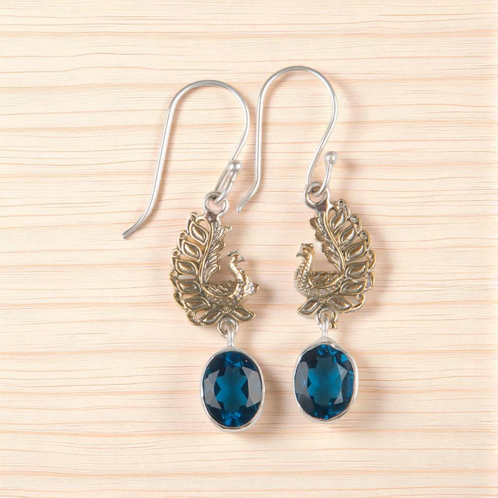 London Blue Topaz Gemstone 925 Sterling Silver Handcrafted Jewelry Earrings 1.8" EE-88-2