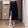 Women's Plus Size Black A-line Midi Skirt - High Waist, Slit, Slimming, Summer Fashion