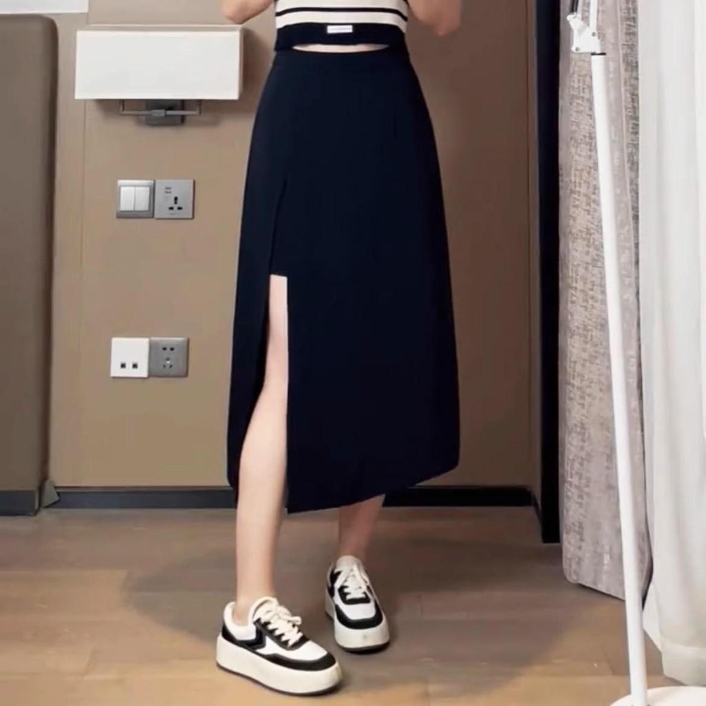 Women's Plus Size Black A-line Midi Skirt - High Waist, Slit, Slimming, Summer Fashion