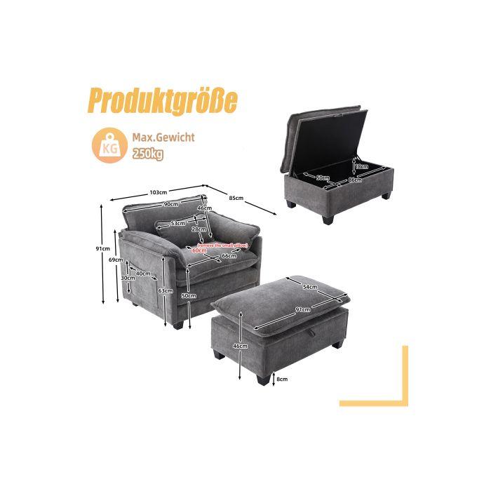 Fauteuil moderne - MUVOE - Chaise longue - Tissu chenille - Repose-pieds - Poche latérale