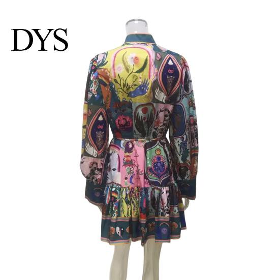 Stand Collar Lantern Sleeve Dress Fall Summer Women Single-breasted Long Sleeves Slim Vintage-inspired Waist Vintage Ruffle Edge Pleated Colorful