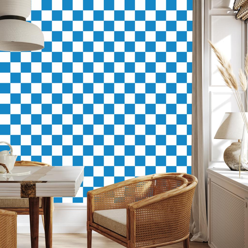 Checkerboard Wallpaper White and Blue for Living Room and Bedroom 50x1000