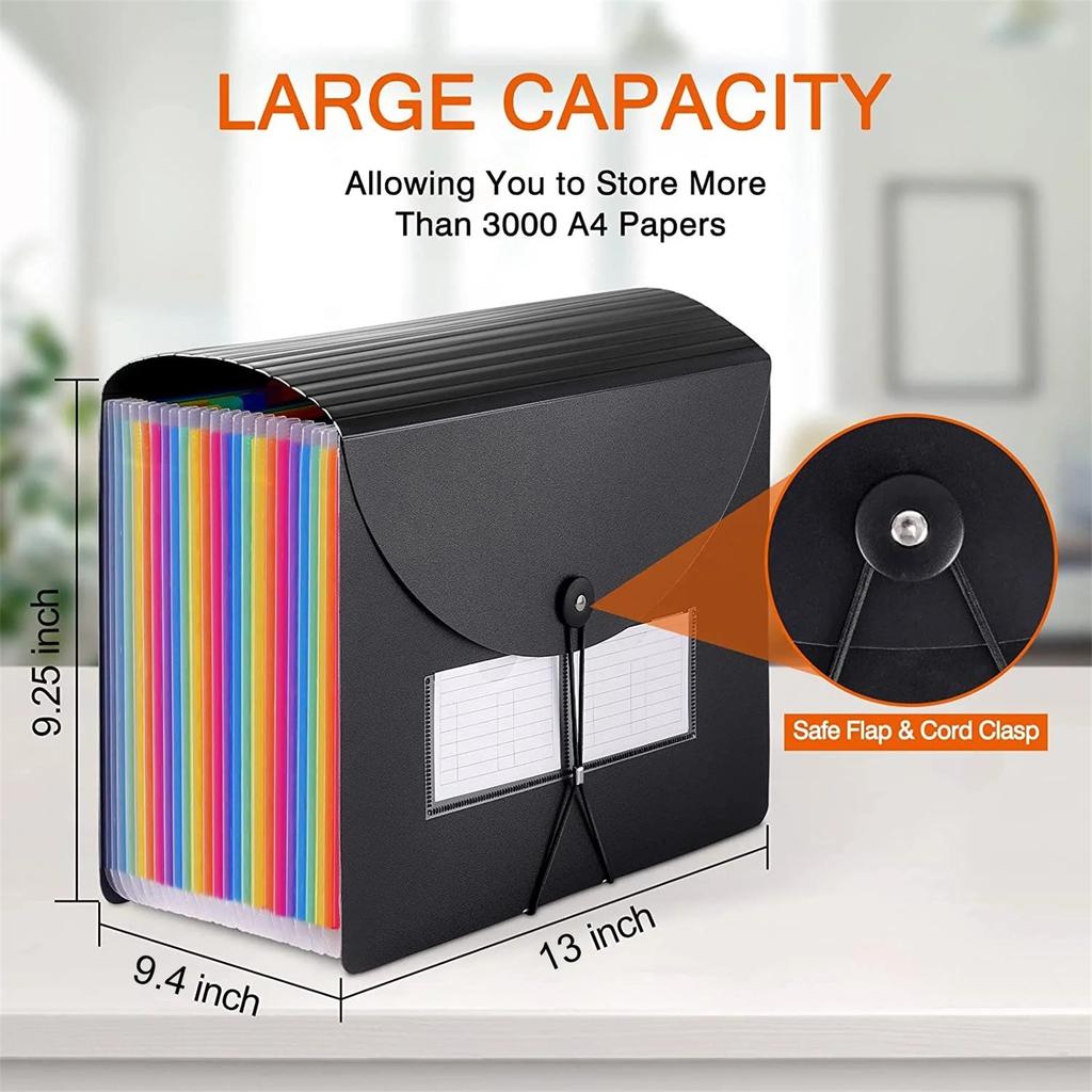 Dosar extensibil cu 12 buzunare, organizator de fișiere tip acordeon pentru birou, negru, cu capac extensibil (Dimensiunea 4/papetărie)